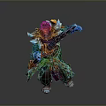 Man in Decorated Blue and Gold Armor Holding Weapon in Battle Stance