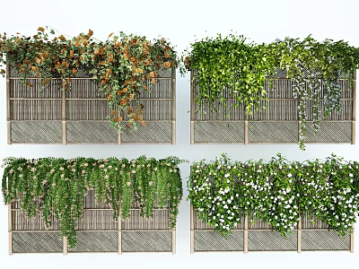 Different Types of Plant Combinations For Decorative Bamboo Fence With Hanging Vines And Flowers 3d model