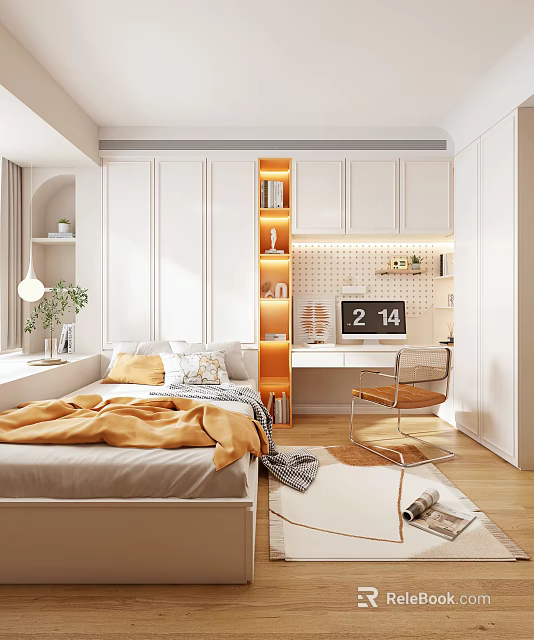 Cozy Modern Tatami Bedroom Interior With Built in Desk Bookshelf And Soft Lighting 3d model 