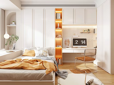 Cozy Modern Tatami Bedroom Interior With Built in Desk Bookshelf And Soft Lighting 3d model