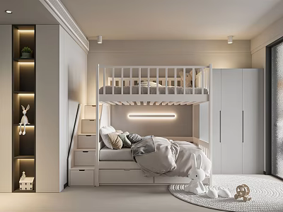 Modern Minimalist Children's Room Interior with Bunk Bed Storage Stairs Open Shelves and Plush Toys 3d model