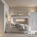 Modern Minimalist Children's Room Interior with Bunk Bed Storage Stairs Open Shelves and Plush Toys