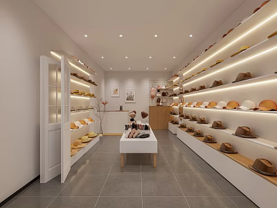 Well Lit Hat Store Interior With Shelves Displaying Various Hats And Table 3d model