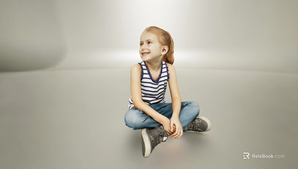 Smiling Woman Sitting On Gray Floor Wearing Striped Tank Top Blue Jeans And Sneakers 3d model 