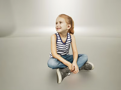 Smiling Woman Sitting On Gray Floor Wearing Striped Tank Top Blue Jeans And Sneakers 3d model