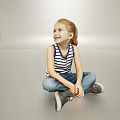 Smiling Woman Sitting On Gray Floor Wearing Striped Tank Top Blue Jeans And Sneakers