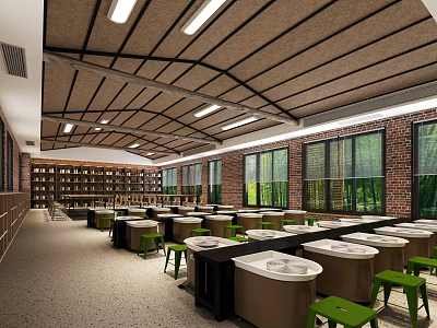 School Science Laboratory Interior With Lab Tables Green Stools And Large Windows 3d model