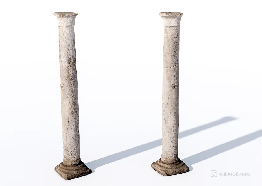 Two Stone Pillars With Bases Textured Surface And Worn Marks Against White Background 3d model