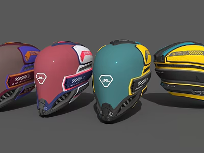 Colorful Daily Use Helmets With Modern Tech Inspired Design In Brown Red Teal Yellow Colors 3d model