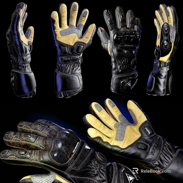 Leather Gloves Collection With Black And Yellow Design And Protective Features 3d model 