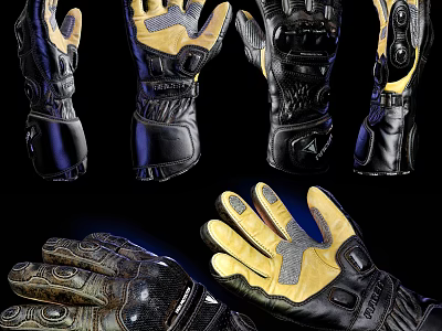 Leather Gloves Collection With Black And Yellow Design And Protective Features 3d model