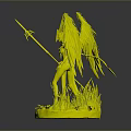 Phoenix Inspired Female Character With Red Feathered Wings Flame Headdress And Staff On Grass Base