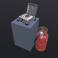 Stainless Steel Toaster With Open Lid And Red Gas Cylinder As Kitchen Appliances