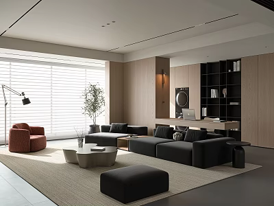 Modern Living Room Interior Design With Black Sofa Area Rug Floor Lamp And Potted Plant 3d model