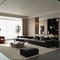 Modern Living Room Interior Design With Black Sofa Area Rug Floor Lamp And Potted Plant