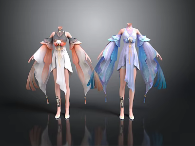 Woman Wearing Flowy Orange And Blue Dresses With Lightweight Fabric Details 3d model