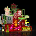 Shop Style Art Installation With Neon Lights Chinese Signage Green Frame And Tile Wall