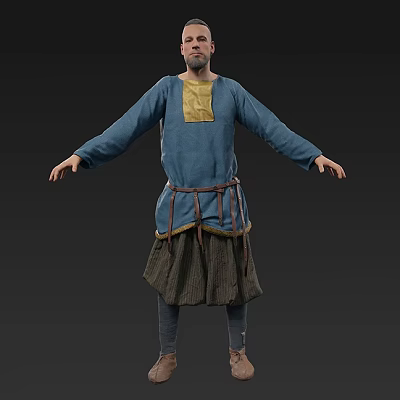 A Man Wearing Blue Tunic With Yellow Square Patch And Brown Belt Arms Outstretched 3d model
