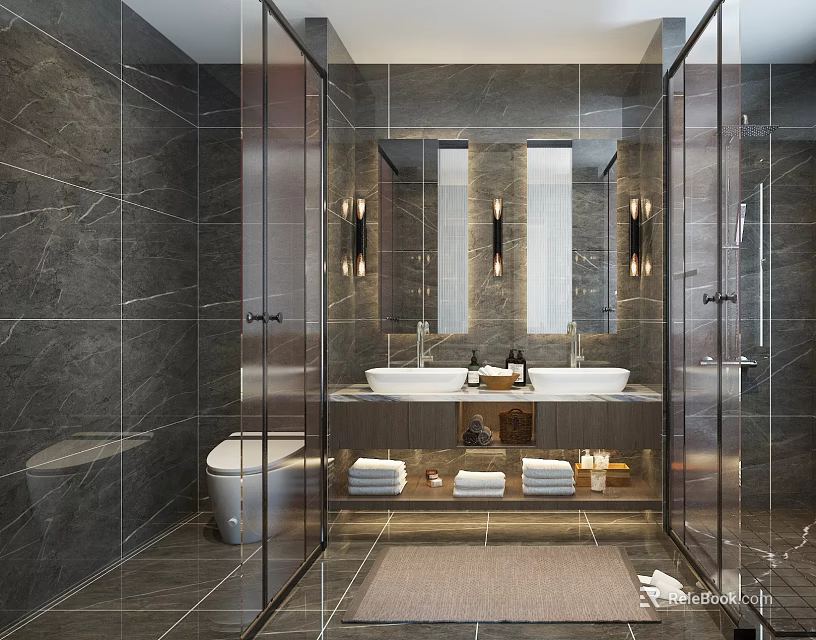 Modern Luxury Dark Marble Bathroom With Double Vessel Sinks And Frameless Glass Shower Enclosure 3d model 