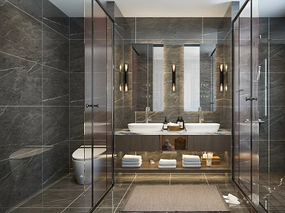 Modern Luxury Dark Marble Bathroom With Double Vessel Sinks And Frameless Glass Shower Enclosure 3d model