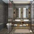 Modern Luxury Dark Marble Bathroom With Double Vessel Sinks And Frameless Glass Shower Enclosure