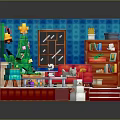 Christmas Themed Indoor Room With Blue Walls Christmas Tree Red Sofa Bookshelf And Snowman Decoration