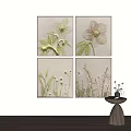 Four Floral Plant Paintings As Wall Decor With Small Table And Vase