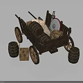 Vintage Wooden Cart With Wooden Wheels Barrels And Crates On Dark Background