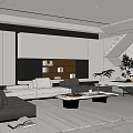 Modern Living Room Interior Design With White Sofa Coffee Table Display Shelves And Staircase
