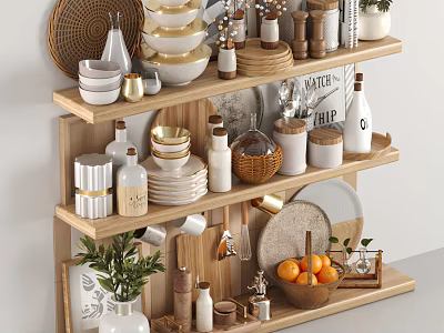 Various Kitchenware Arranged on Wooden Shelves with Bowls Plates Jars Bottles and Decorative Plants 3d model