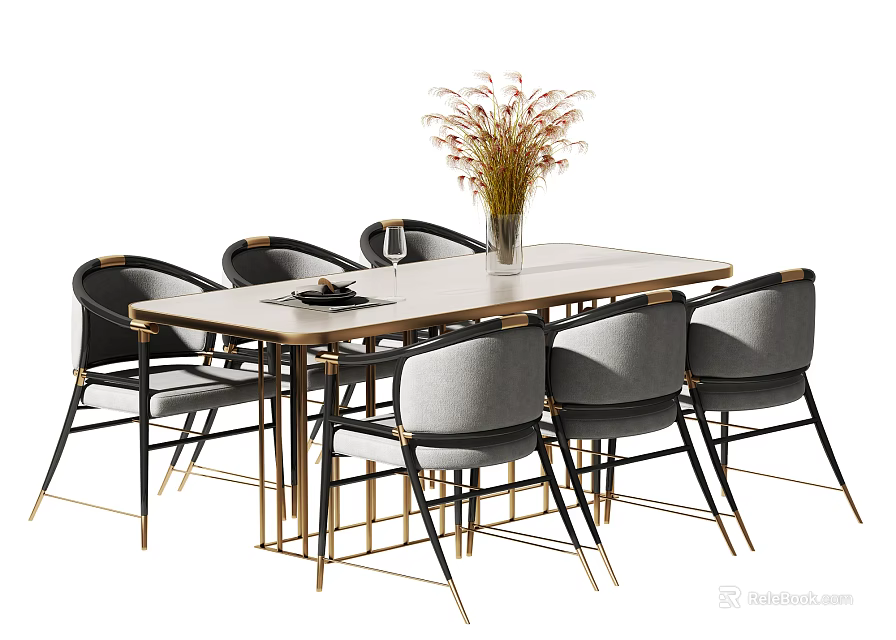 Modern Rectangular Dining Table Set with Gray Chairs Gold Legs and Vase with Flowers 3d model