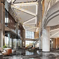 Elegant Double Story Hotel Lobby With Shimmering Ceiling Golden Pillars Modern Lighting And Marble Flooring