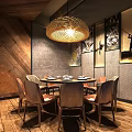 Restaurant Interior With Round Dining Table Chairs Woven Pendant Light And Wall Decor 3d model