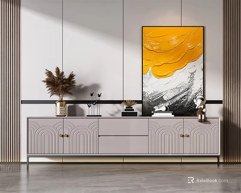 Modern TV Stand with Textured Doors and Gold Handles Featuring Decorative Painting and Vase in Living Room 3d model 