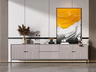 Modern TV Stand with Textured Doors and Gold Handles Featuring Decorative Painting and Vase in Living Room 3d model