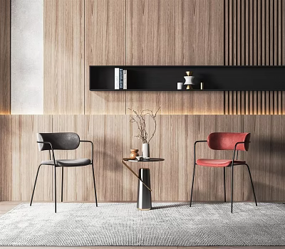 Modern Leather Chair Table Set With Black Red Chairs Small Side Table Wooden Wall Decor 3d model