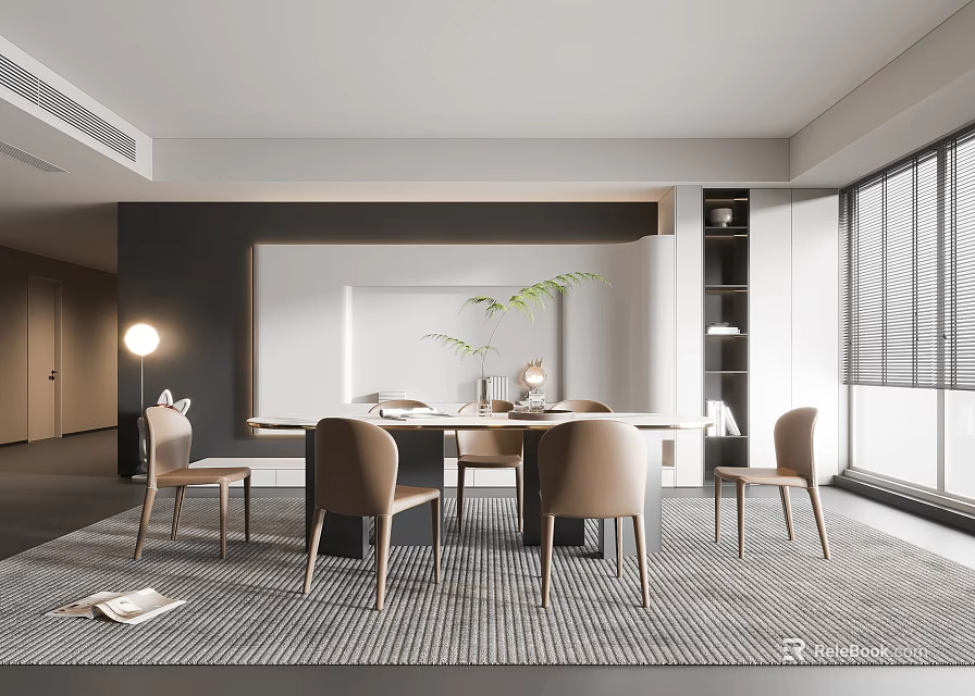 Modern Restaurant Interior Design With Dining Table Chairs Green Plant Window And Lighting Fixture 3d model 