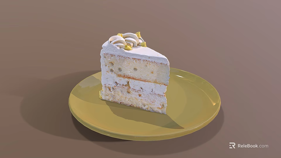 Delicious Layered Cake Slice With White Cream And Lemon Garnish On Yellow Plate 3d model 