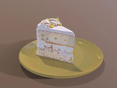 Delicious Layered Cake Slice With White Cream And Lemon Garnish On Yellow Plate 3d model