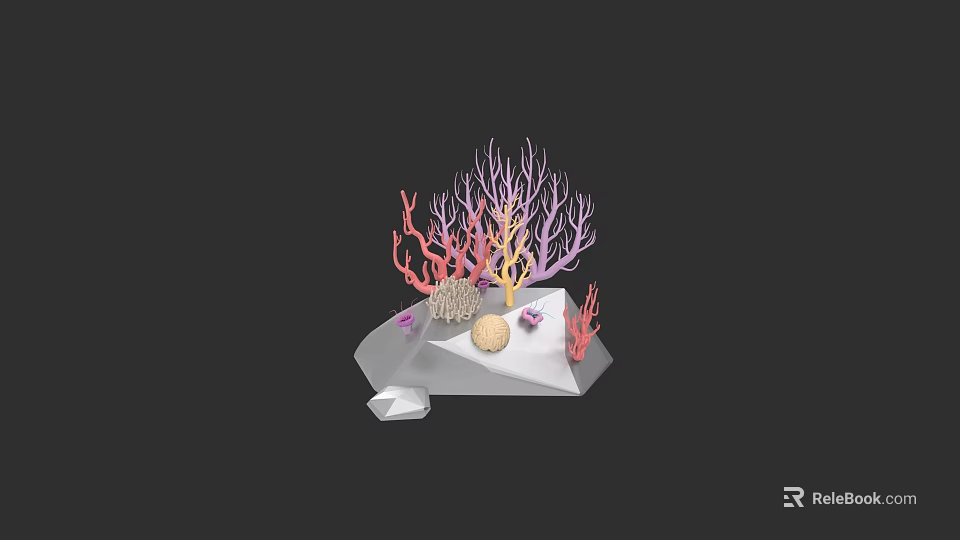 Botanical Painting with Vibrant Coral Pink Purple Plants and Seashells on Stone Base 3d model 