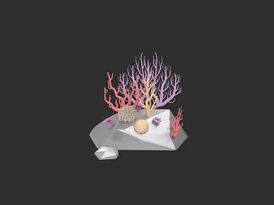 Botanical Painting with Vibrant Coral Pink Purple Plants and Seashells on Stone Base 3d model