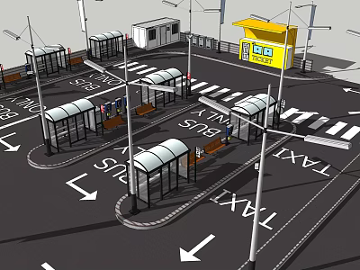 Modern Bus Station With Multiple Bus Shelters Taxi Lanes And Yellow Service Building 3d model