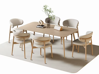 Modern Wooden Dining Table Set With Six Chairs Green Plant Books And Light Carpet 3d model
