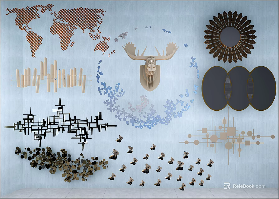 Creative Wall Decor Collection With World Map Deer Head Circular Mirror And Geometric Patterns 3d model