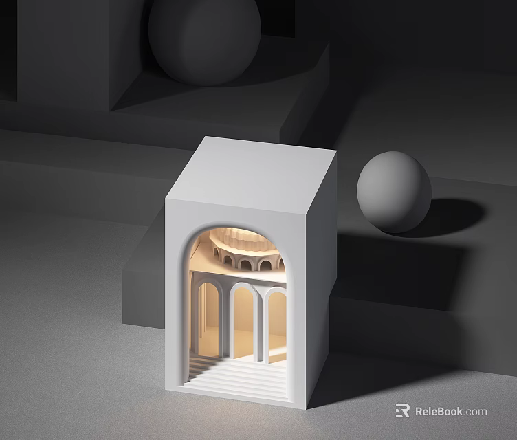 White Architectural Model With Internal Arch Structure And Lighting Surrounding Geometric Shapes Gray Background 3d model 