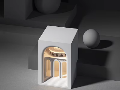 White Architectural Model With Internal Arch Structure And Lighting Surrounding Geometric Shapes Gray Background 3d model