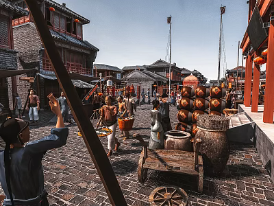 Ancient Style Hinged Door in Traditional Marketplace with Pedestrians Vendors Lanterns and Earthen Jars 3d model