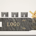 Elegant Reception Desk With Marble Texture Golden LOGO And Three Computer Monitors 3d model