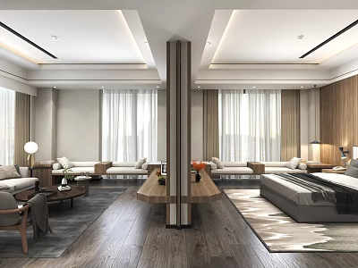 Modern Hotel Room Interior With Wooden Flooring Sofa Bed Carpet And Curtains 3d model