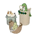 Woven Storage Baskets with Tassels and Pom Poms Holding Stuffed Toys like Cat Crocodile Dinosaur